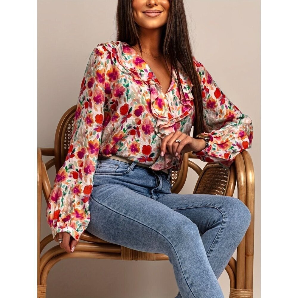 Floral Ruffle V-Neck Long Sleeve Blouse For Women S-XXL Available